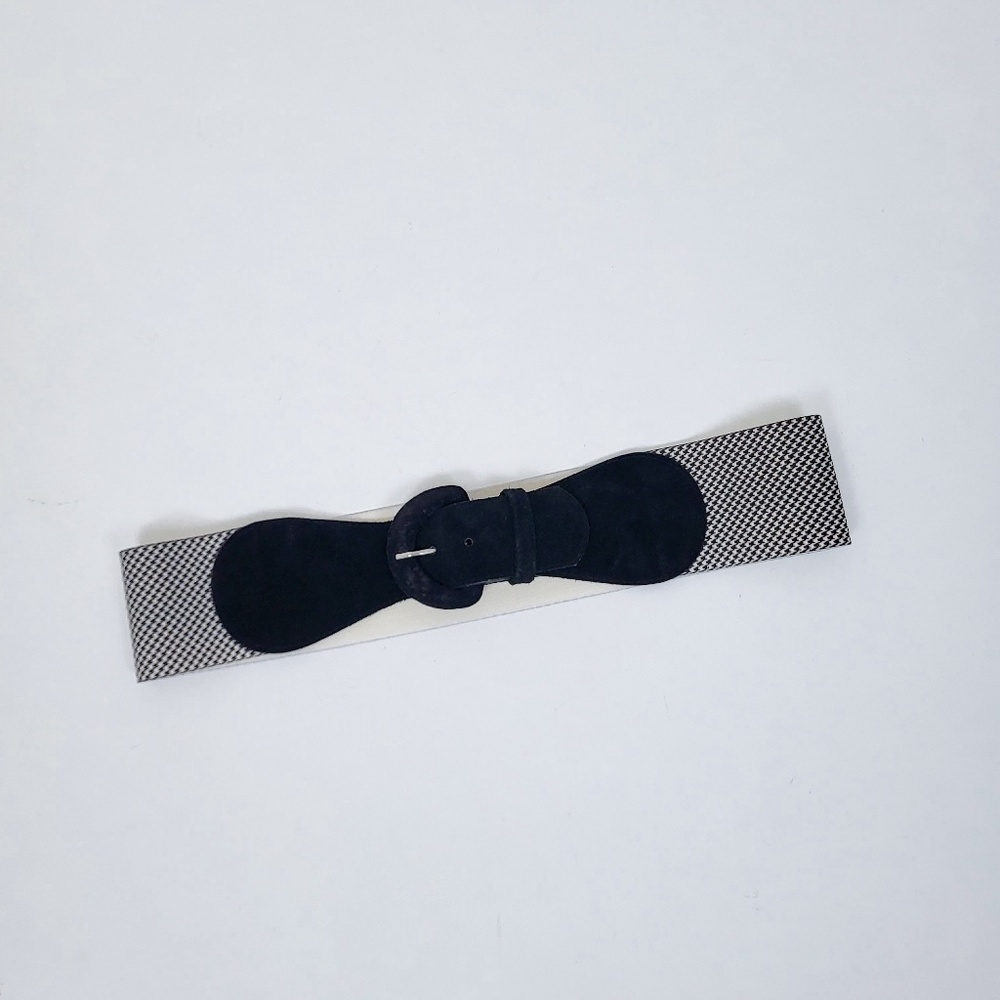 90s Houndstooth Belt Wide Buckle Thick Suede Black White - Picture 6 of 12